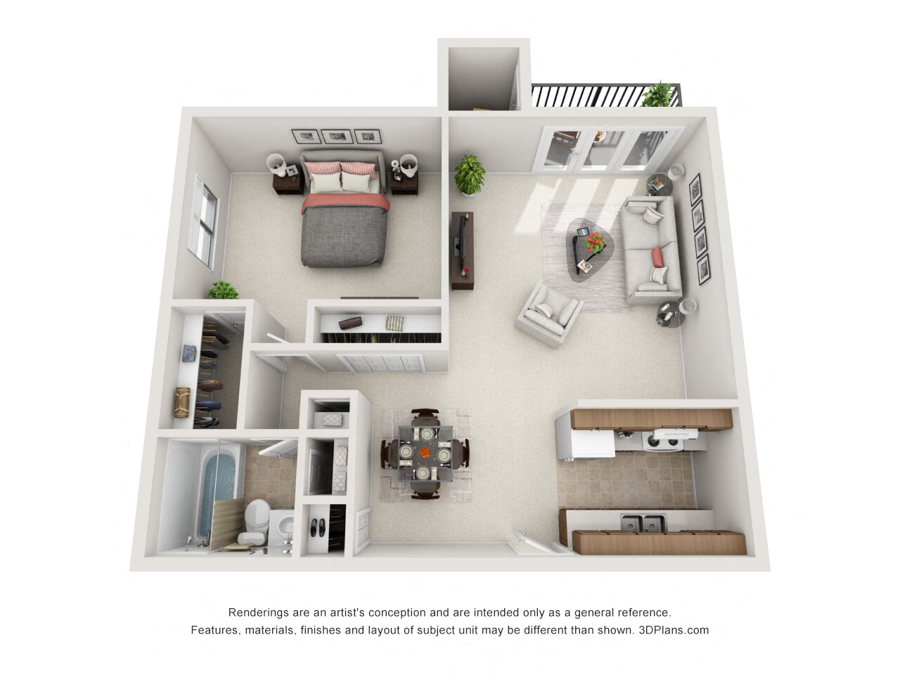 Floor plan for 1 bed, 1 bath, 738 sqft